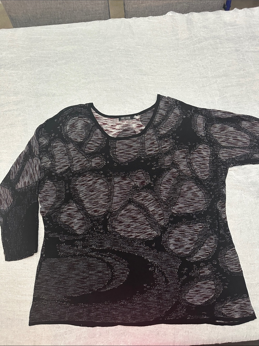 NIC+ZOE Black and Burgundy Sheer Patterned Knit Top